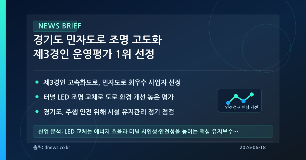 경기도 민자도로 터널 조명 고도화, 제3경인 고속화도로 운영평가 1위 선정